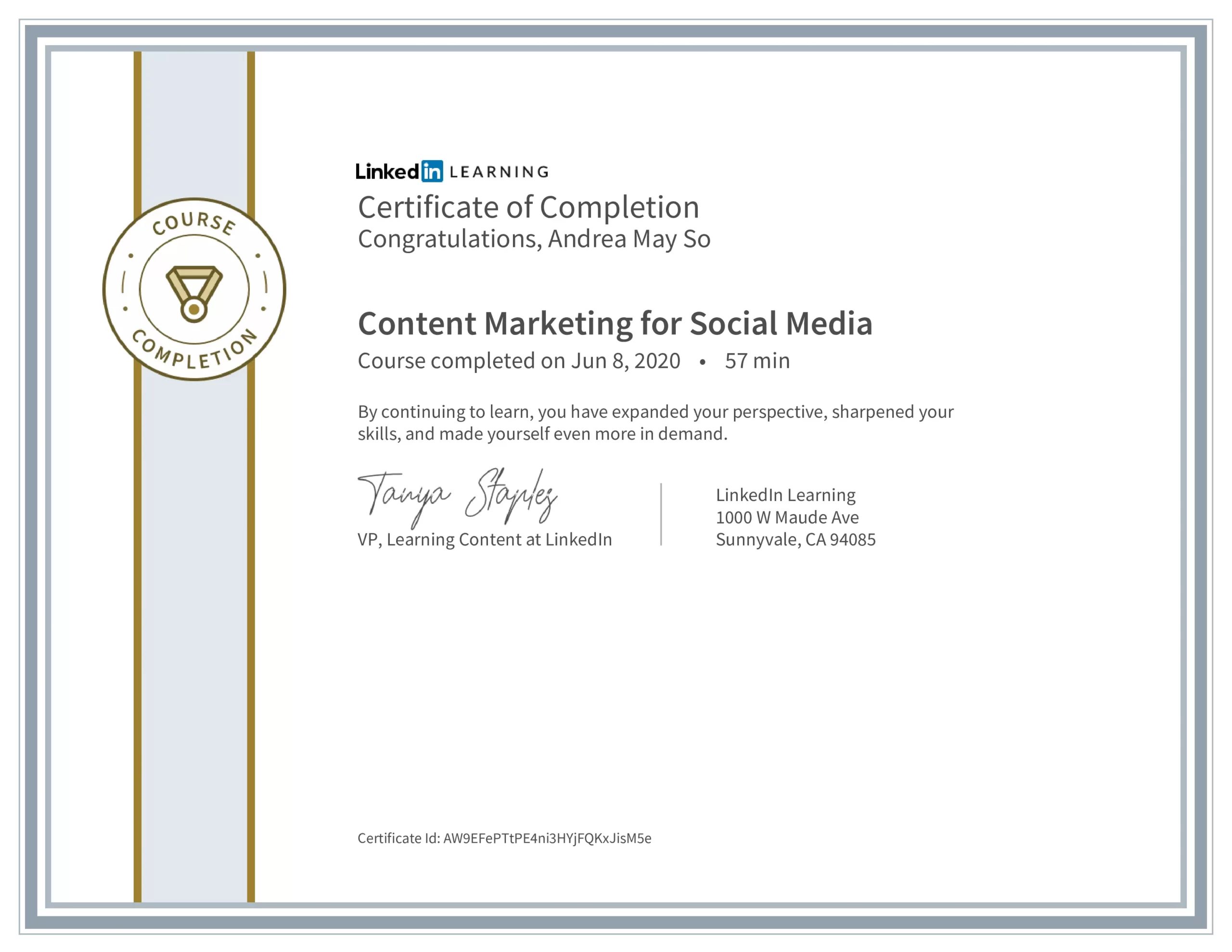 Certificate of Completion - Content Marketing for Social Media