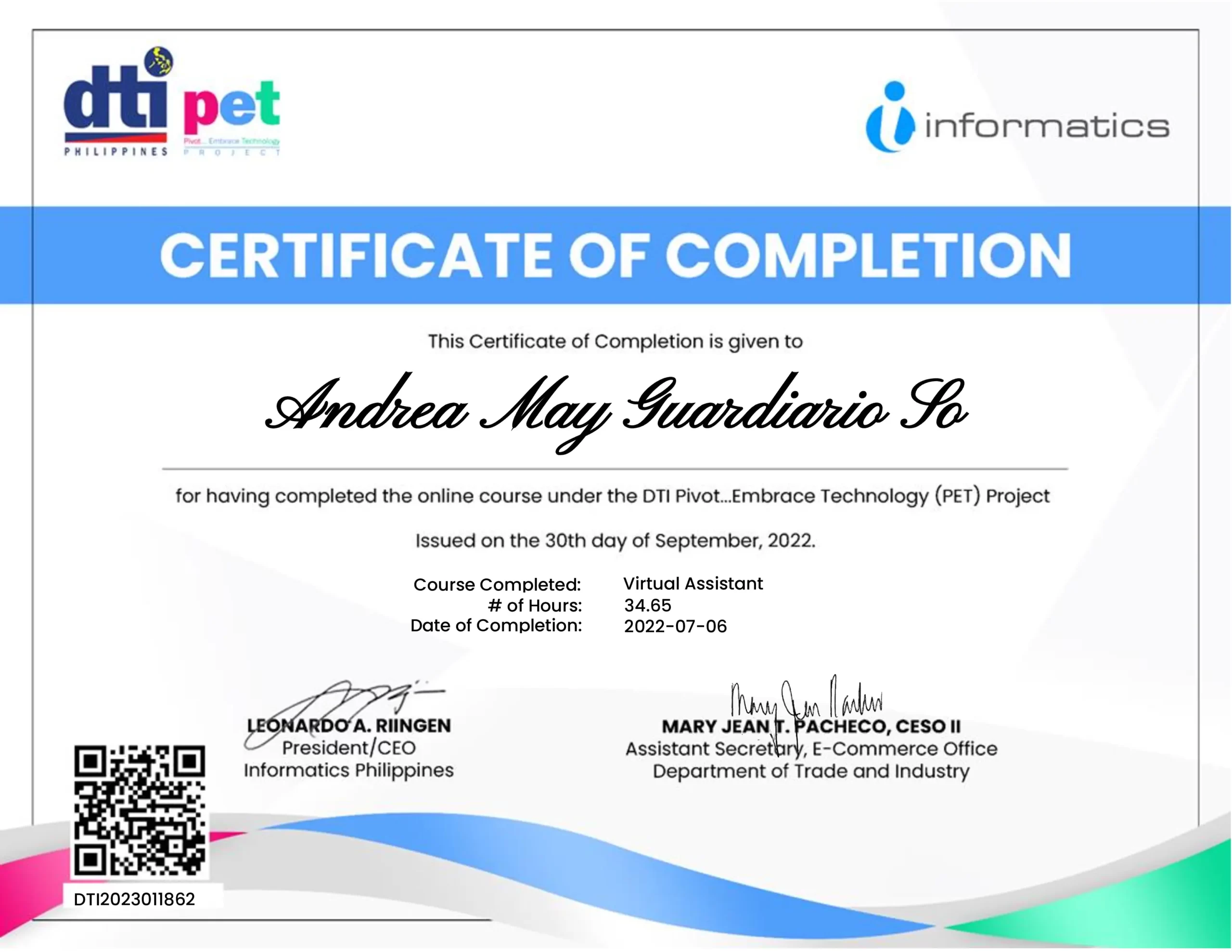 Certificate of Completion - Virtual Assistant under DTI PET Project