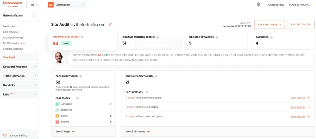 Site Audit Using UberSuggest